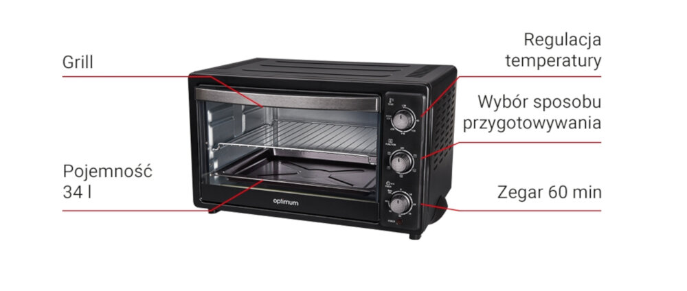 Obraz przedstawia czarny mini piekarnik z trzema pokrętłami i napisem \'optimum\' na froncie. Widoczne są opisy: Grill, Pojemność 34 l, Regulacja temperatury, Wybór sposobu przygotowywania, Zegar 60 min.