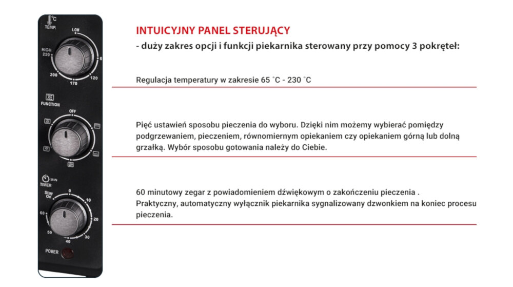 Panel sterujący z trzema pokrętłami do regulacji temperatury, funkcji pieczenia i czasu. Tekst opisuje zakres temperatur 65°C - 230°C oraz pięć ustawień pieczenia i 60-minutowy zegar z sygnałem dźwiękowym.