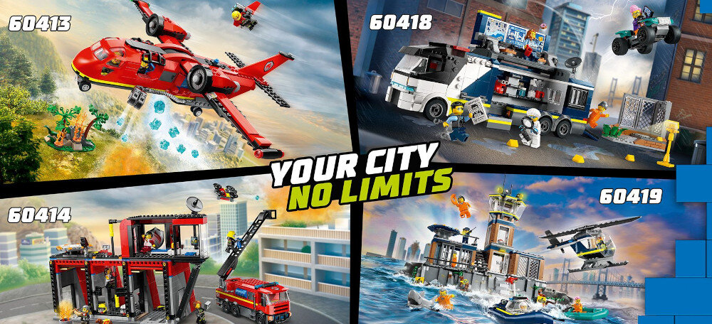 Obraz przedstawia cztery zestawy LEGO z serii City, każdy z numerem: 60413, 60418, 60414, 60419. Na środku widnieje napis \'YOUR CITY NO LIMITS\'.