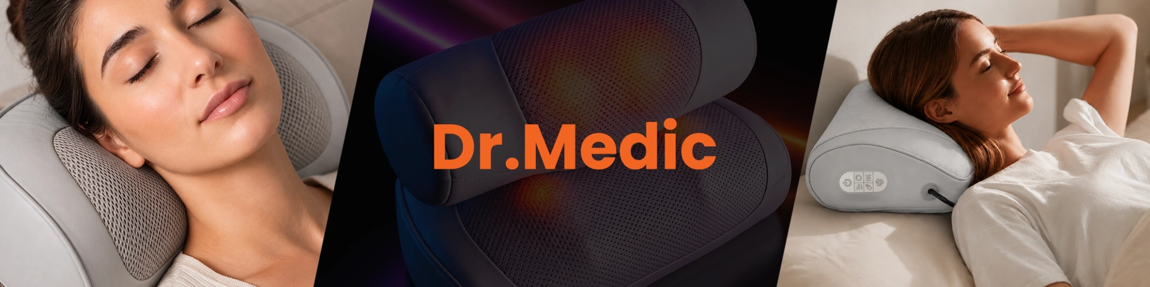 Obraz przedstawia trzy ujęcia poduszki masującej Shiatsu. Na środku widoczny jest napis \'Dr.Medic\'.