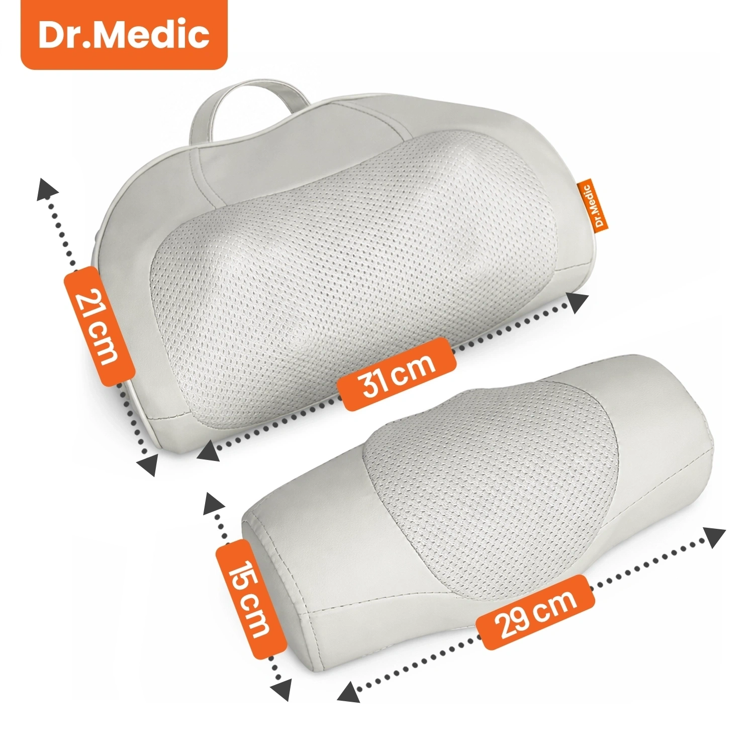 Na obrazie widoczne są dwie poduszki masujące w kolorze szarym z perforowaną powierzchnią, oznaczone jako Dr.Medic. Podane są wymiary: 21 cm x 31 cm oraz 15 cm x 29 cm.