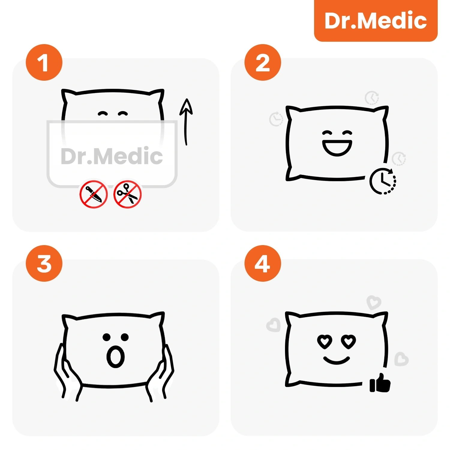 Cztery ilustracje przedstawiające poduszkę z różnymi emotikonami i symbolami. W lewym górnym rogu widnieje logo \'Dr.Medic\'.