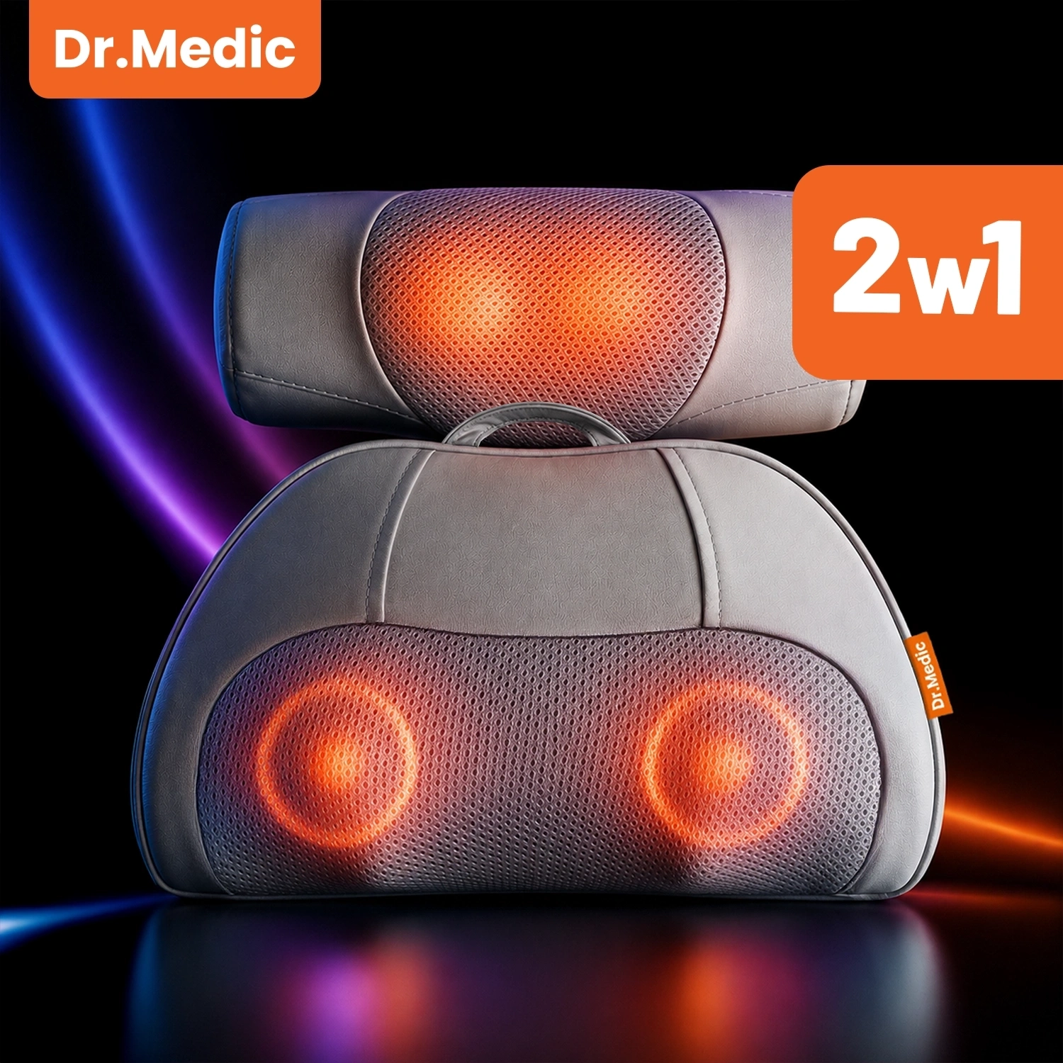 Na obrazie widoczne są dwa masażery z podświetleniem w kolorze pomarańczowym, z logo \'Dr.Medic\'. Obok znajduje się napis \'2w1\' na pomarańczowym tle.