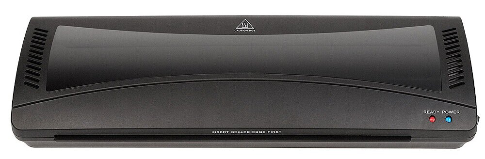 Czarny laminator z napisem \'INSERT SEALED EDGE FIRST\' na przedniej części. Na urządzeniu znajdują się dwa wskaźniki: \'READY\' i \'POWER\'.
