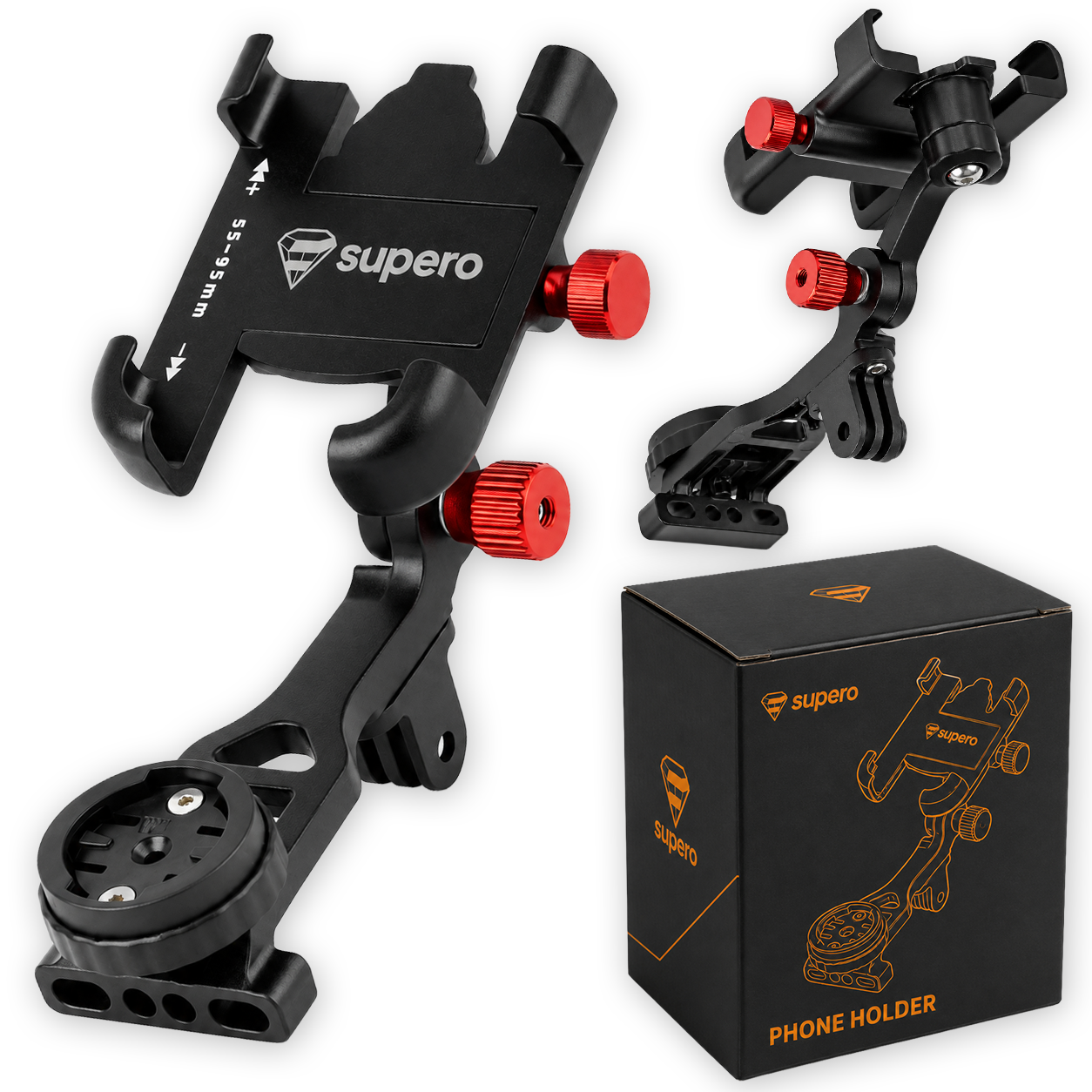 Na obrazie widoczny jest czarny uchwyt rowerowy z czerwonymi elementami regulacyjnymi oraz pudełko z napisem \'supero\' i \'PHONE HOLDER\'. Uchwyt ma oznaczenia \'5-95mm\' i logo \'supero\'.