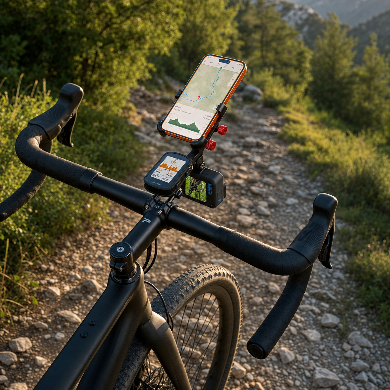 Na zdjęciu widać kierownicę roweru z zamontowanym uchwytem, w którym znajduje się telefon z wyświetloną mapą. W tle widoczna jest kamienista ścieżka i zieleń.