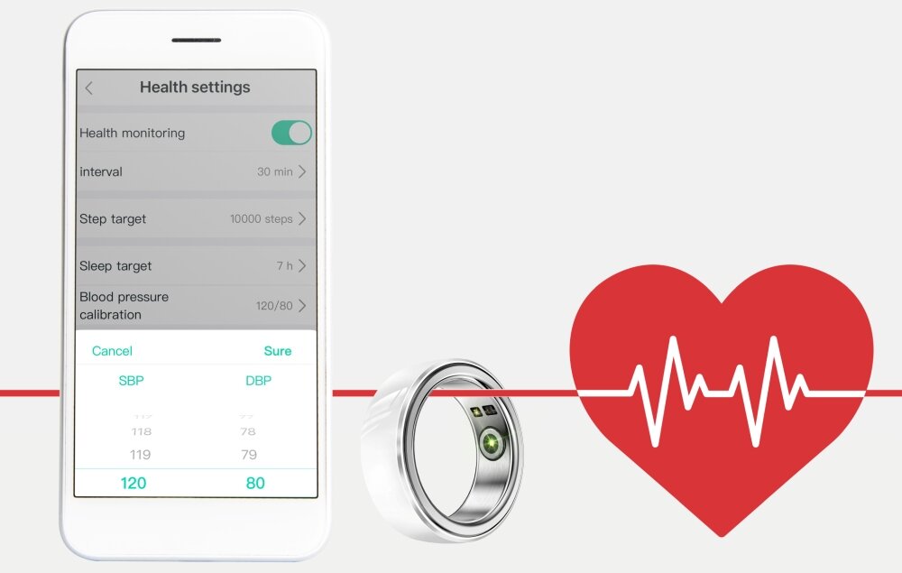 Obraz przedstawia smartfon z aplikacją do monitorowania zdrowia, obok znajduje się srebrny pierścień z zielonym czujnikiem. W tle widoczny jest czerwony symbol serca z linią EKG.