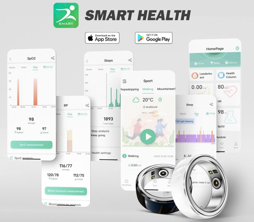 Obraz przedstawia aplikację \'SMART HEALTH\' z różnymi ekranami, takimi jak SpO2, Steps, BP, Sport i Sleep. Na dole widoczne są dwa srebrne pierścienie z czarnymi elementami.