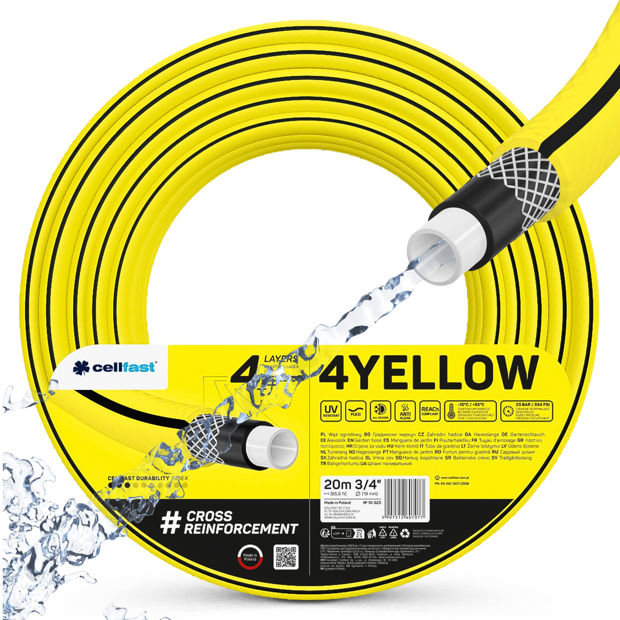 Żółty, czterowarstwowy wąż ogrodowy z napisem \'4YELLOW\' i logo \'cellfast\'. Woda wypływa z końcówki węża, a na etykiecie widnieje informacja \'50m 1/2\'.