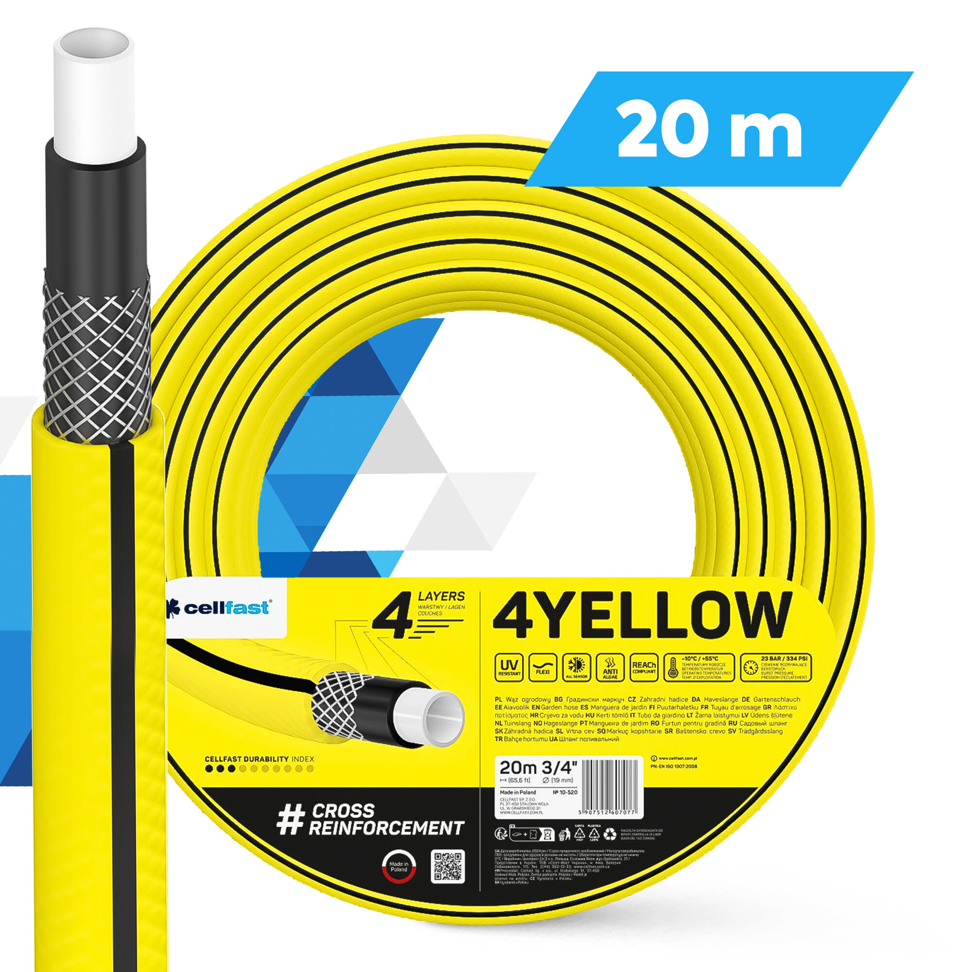 Obraz przedstawia żółty, 4-warstwowy wąż ogrodowy o długości 10 metrów z oznaczeniem \'4YELLOW\'. Widoczne jest logo \'cellfast\' oraz informacje o wzmocnieniu krzyżowym i odporności na UV, osadzanie glonów, skręcanie i ciśnienie do 30 barów.