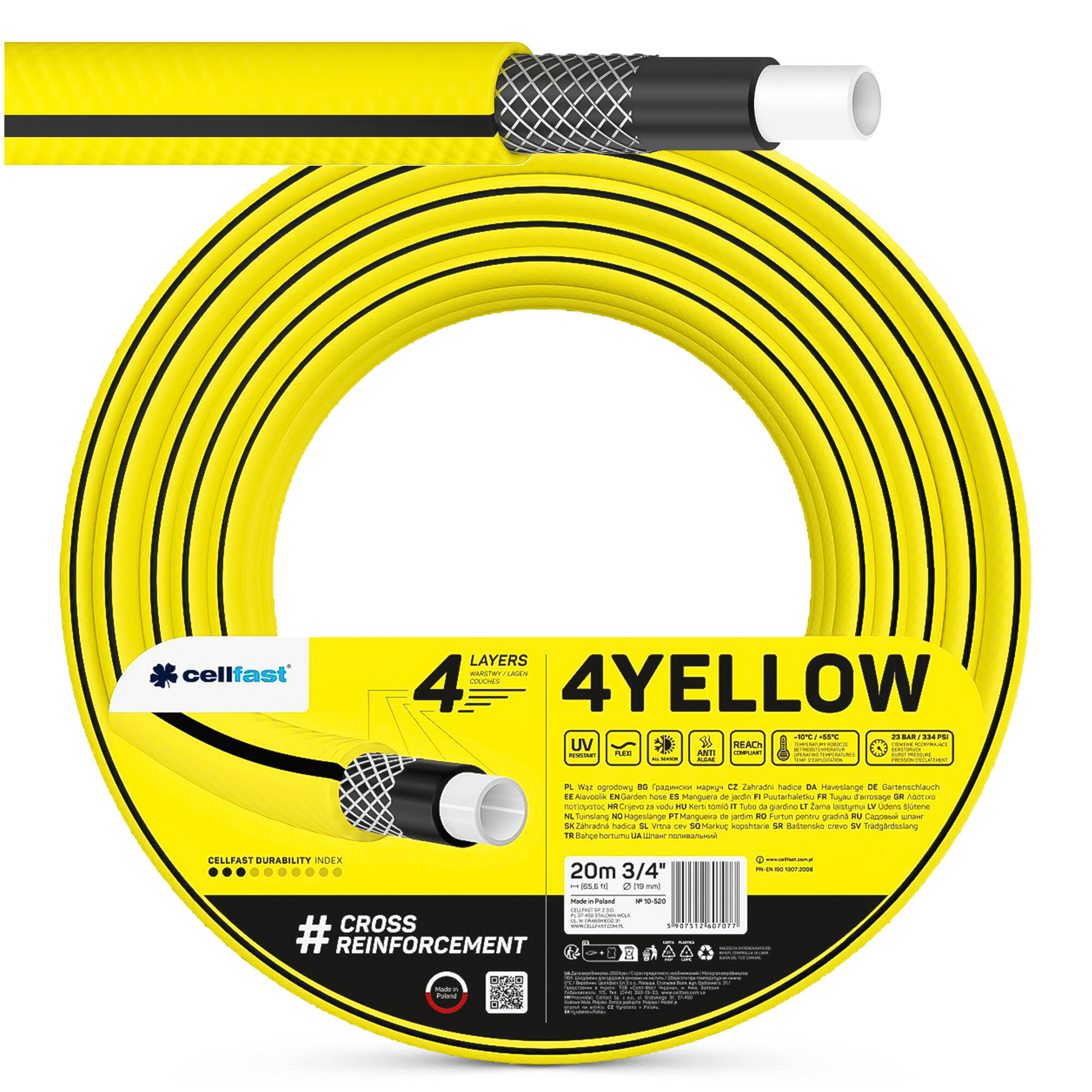 Obraz przedstawia żółty, 4-warstwowy wąż ogrodowy z czarnymi paskami, oznaczony jako 4YELLOW. Na etykiecie widnieje logo \'cellfast\' oraz informacje o długości 20 m i średnicy 3/4 cala.