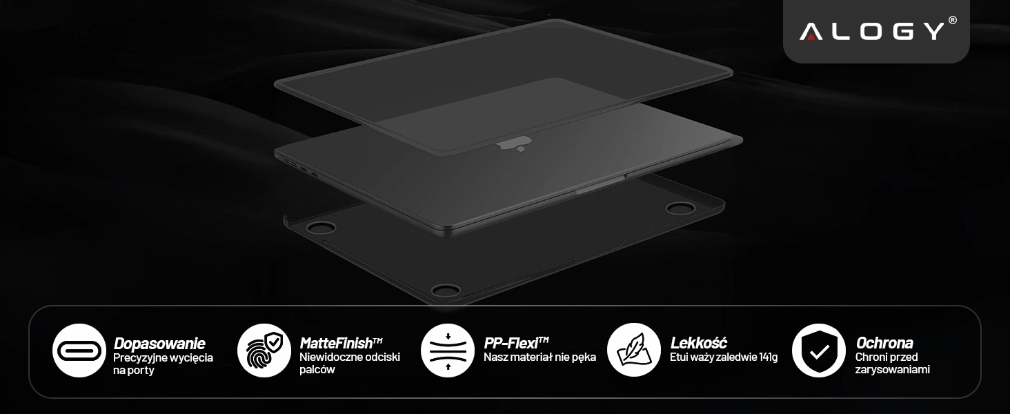 Grafika przedstawia etui do MacBooka z logo Alogy, składające się z trzech warstw. Na dole znajdują się ikony z opisami: \'Dopasowanie - Precyzyjne wycięcia na porty\', \'MatteFinish™ - Niewidoczne odciski palców\', \'PP-Flexi™ - Nasz materiał nie pęka\', \'Lekkość - Etui waży zaledwie 141g\', \'Ochrona - Chroni przed zarysowaniami\'.