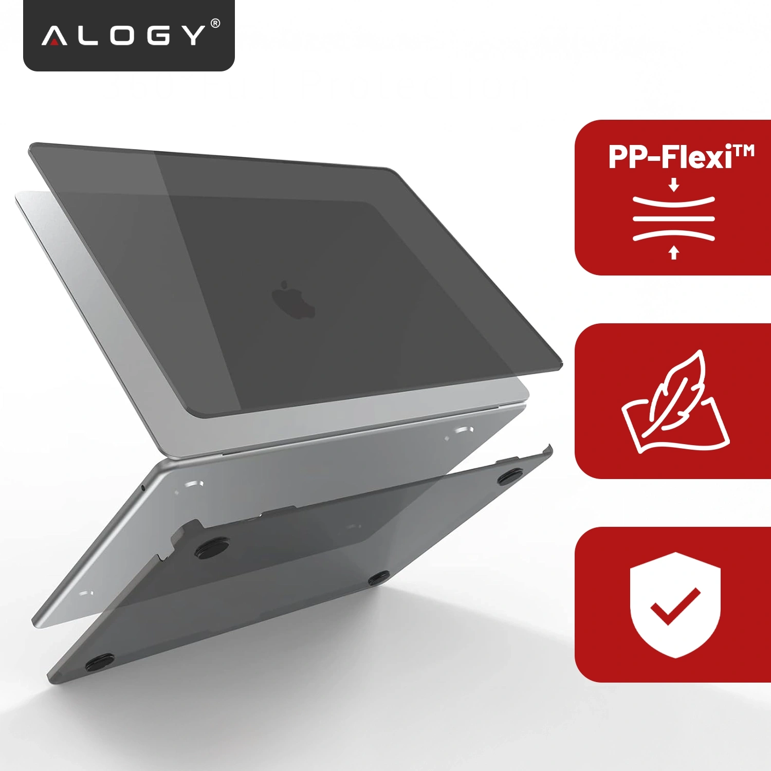 Obraz przedstawia etui na laptopa z logo Alogy, składające się z dwóch części, które są przezroczyste i matowe. Obok znajdują się ikony z napisami: \'PP-Flexi™\' oraz symbolem pióra i tarczy z haczykiem.