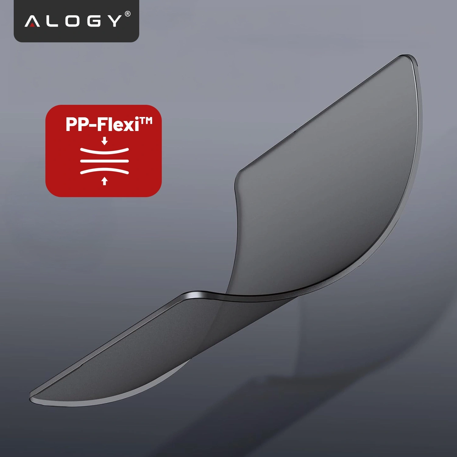 Obraz przedstawia czarne, matowe etui o elastycznej konstrukcji, z logo \'ALOGY\' w lewym górnym rogu. Obok znajduje się czerwony symbol z napisem \'PP-Flexi™\'.