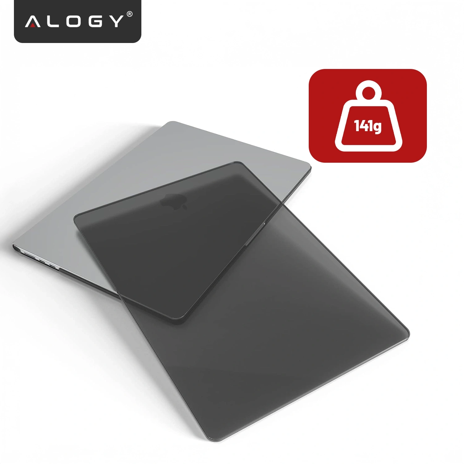Na obrazie widoczne jest czarne, matowe etui na laptopa z logo Alogy. Obok znajduje się ikona wagi z napisem \'141g\' na czerwonym tle.