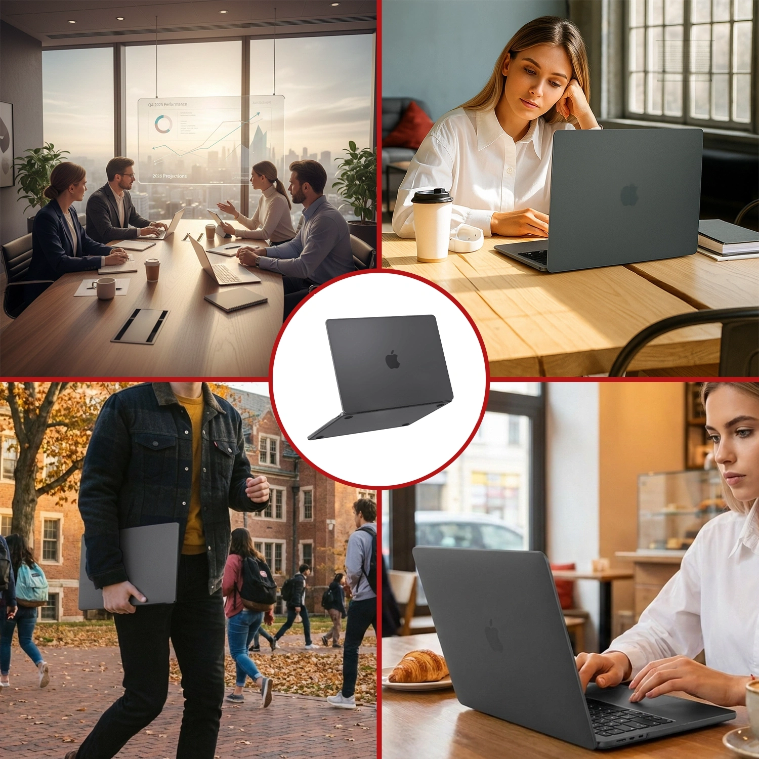 Obraz przedstawia cztery sceny z osobami używającymi laptopów w czarnych, matowych etui. W centralnej części znajduje się zdjęcie laptopa w etui z widocznym logo w kształcie jabłka.
