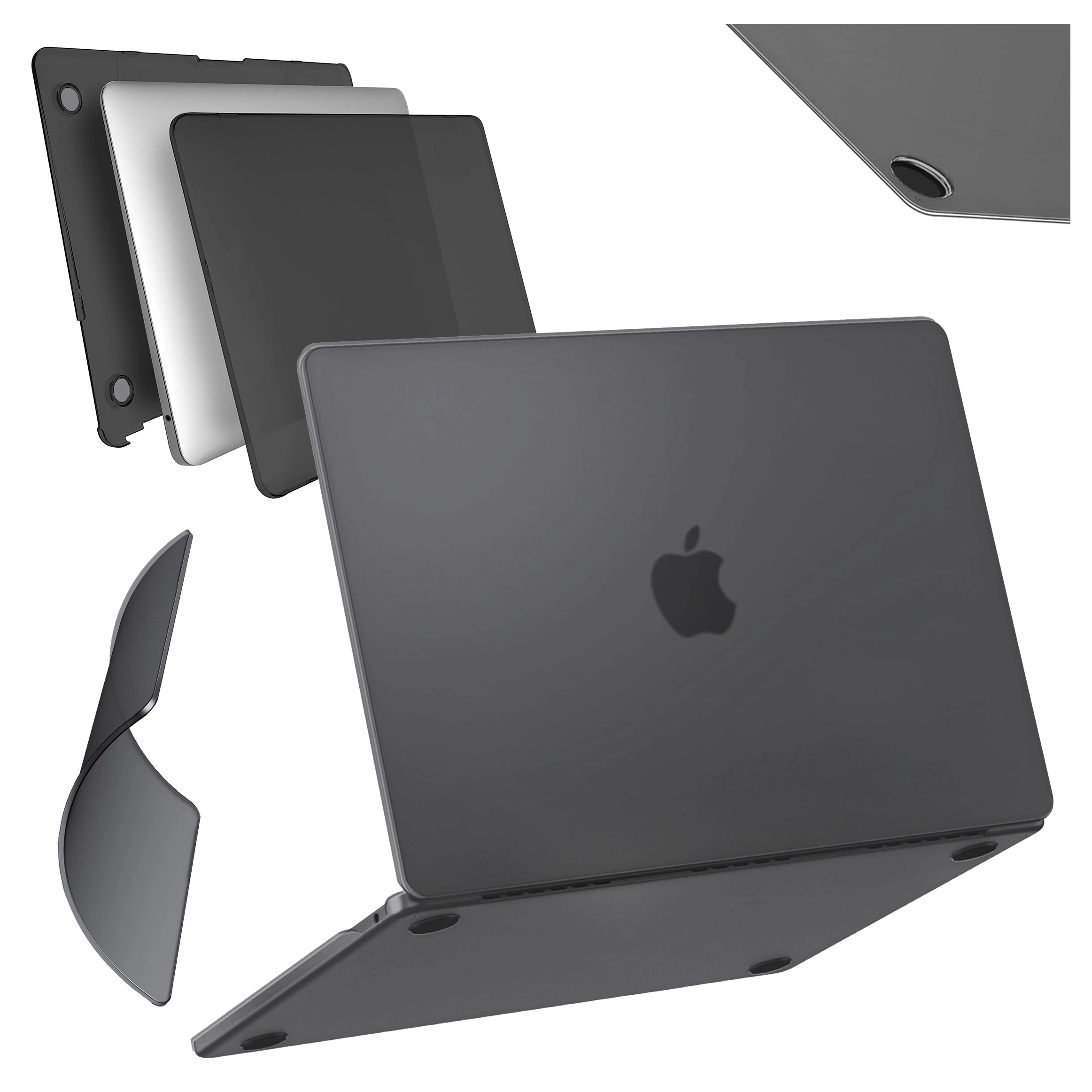 Na obrazie widoczne jest czarne, matowe etui na laptopa z logo w kształcie jabłka. Etui składa się z kilku części, które można zamontować na laptopie.