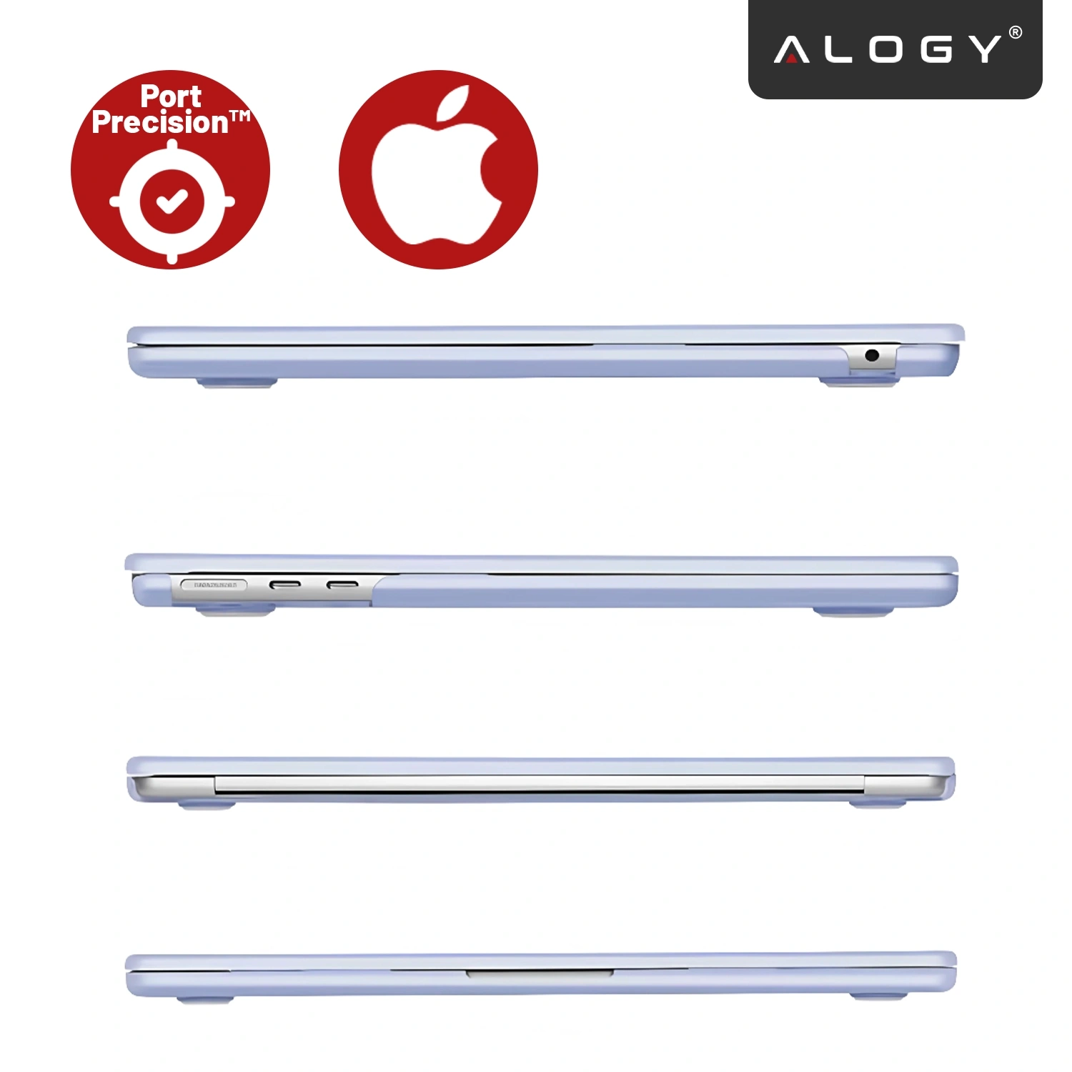 Obraz przedstawia lawendowe etui na laptopa, widoczne z różnych stron, z logo \'Alogy\' w rogu. Obok znajdują się dwa czerwone symbole: \'Port Precision™\' i logo Apple.