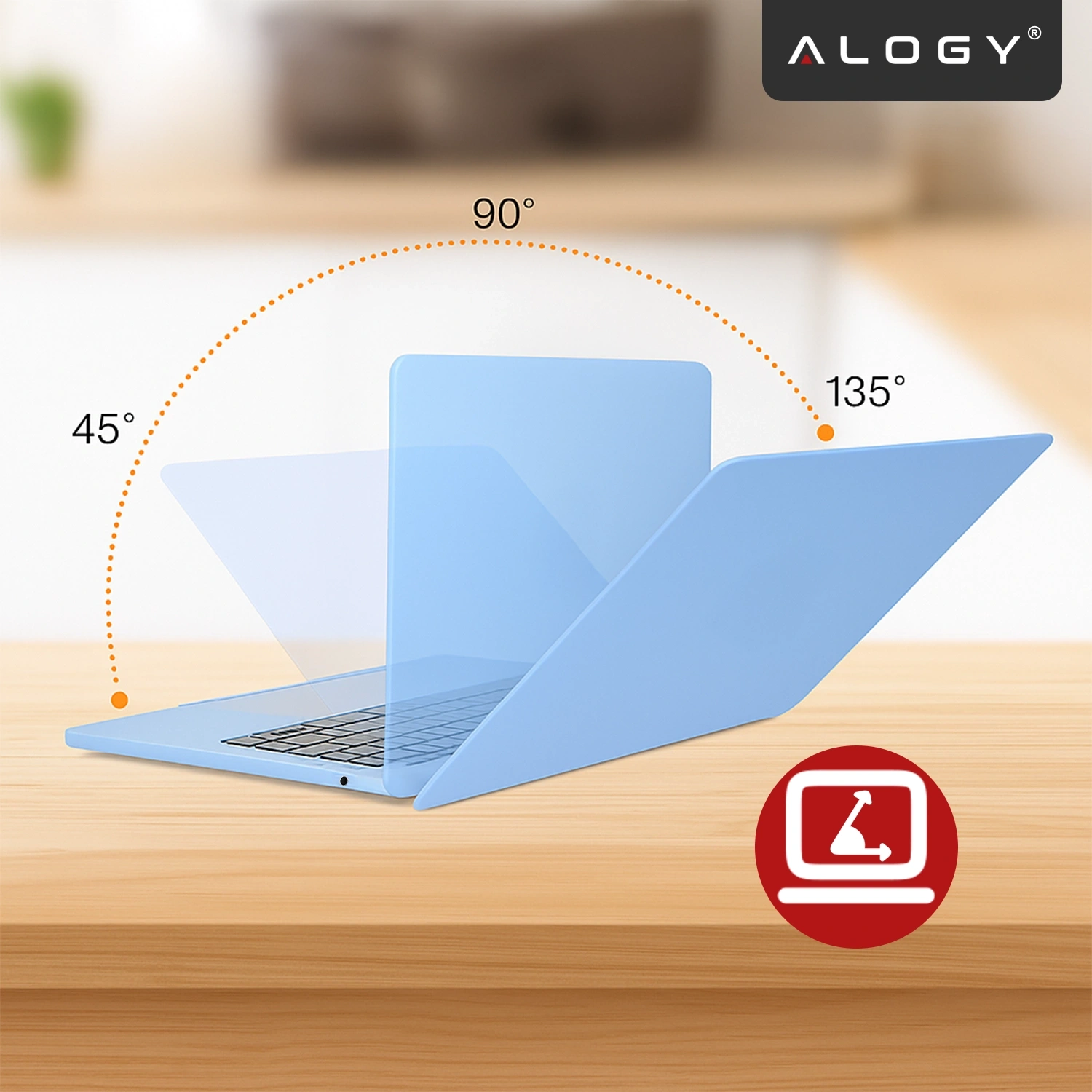 Na obrazie widoczne jest niebieskie etui na laptopa, które jest otwarte pod różnymi kątami: 45°, 90° i 135°. W prawym górnym rogu znajduje się logo \'ALOGY\'.