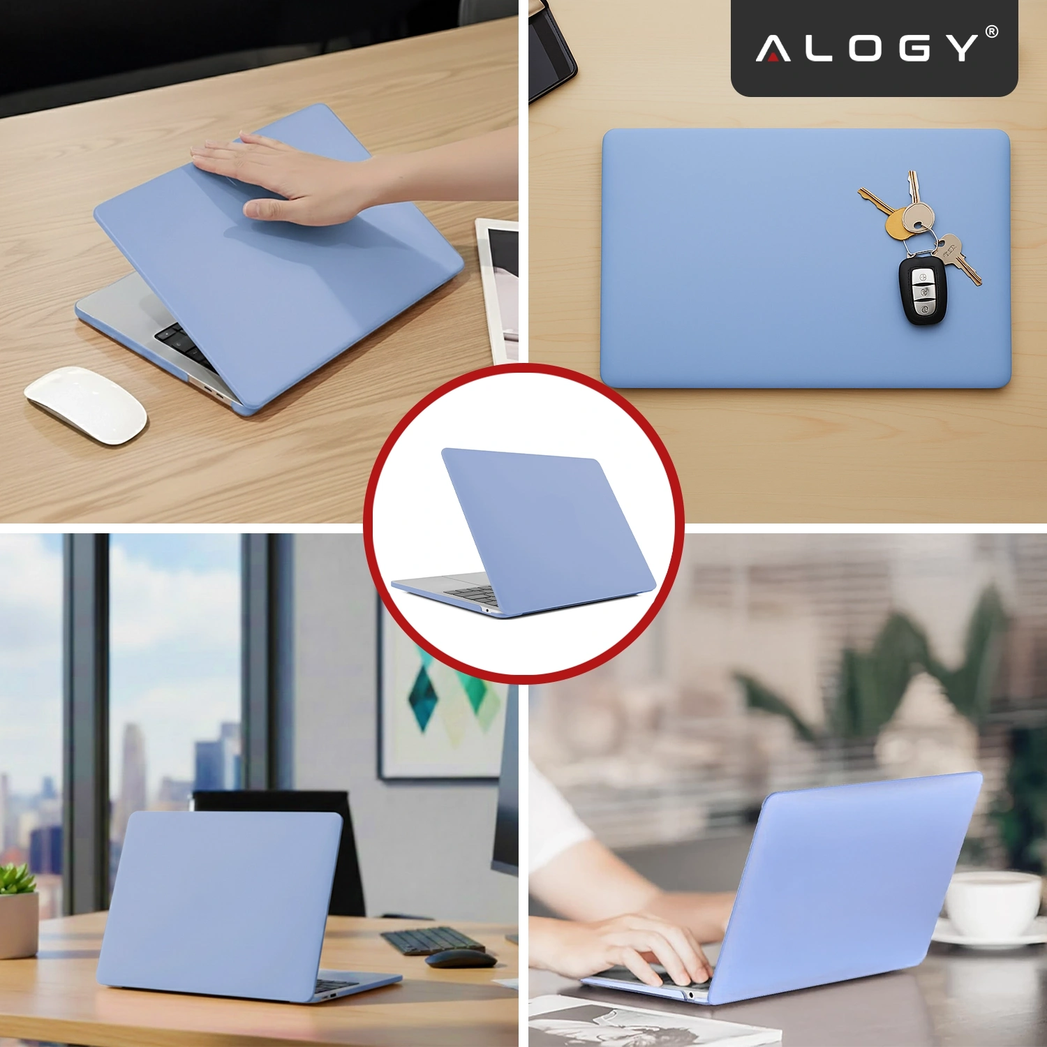 Obraz przedstawia lawendowe etui na laptopa, które jest elastyczne i matowe, z logo \'ALOGY\' w rogu. Etui znajduje się na różnych biurkach, a na jednym z nich leżą klucze i myszka.