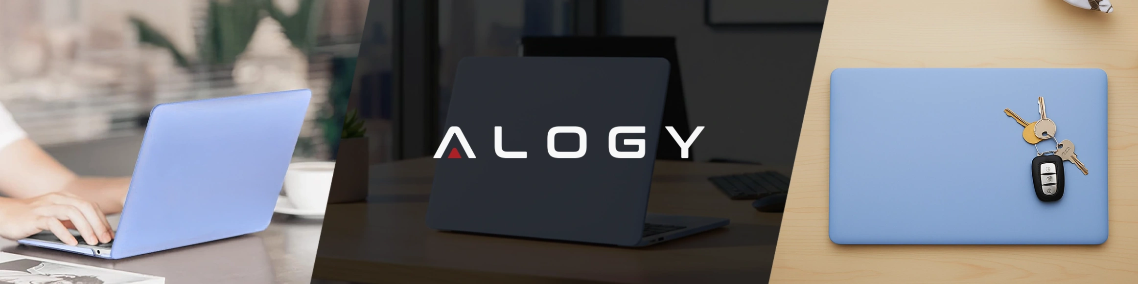 Obraz przedstawia trzy sceny: po lewej osoba korzystająca z laptopa w lawendowym etui, pośrodku logo \'ALOGY\' na ciemnym tle, a po prawej zamknięty laptop w lawendowym etui z kluczami i pilotem leżącymi na nim.
