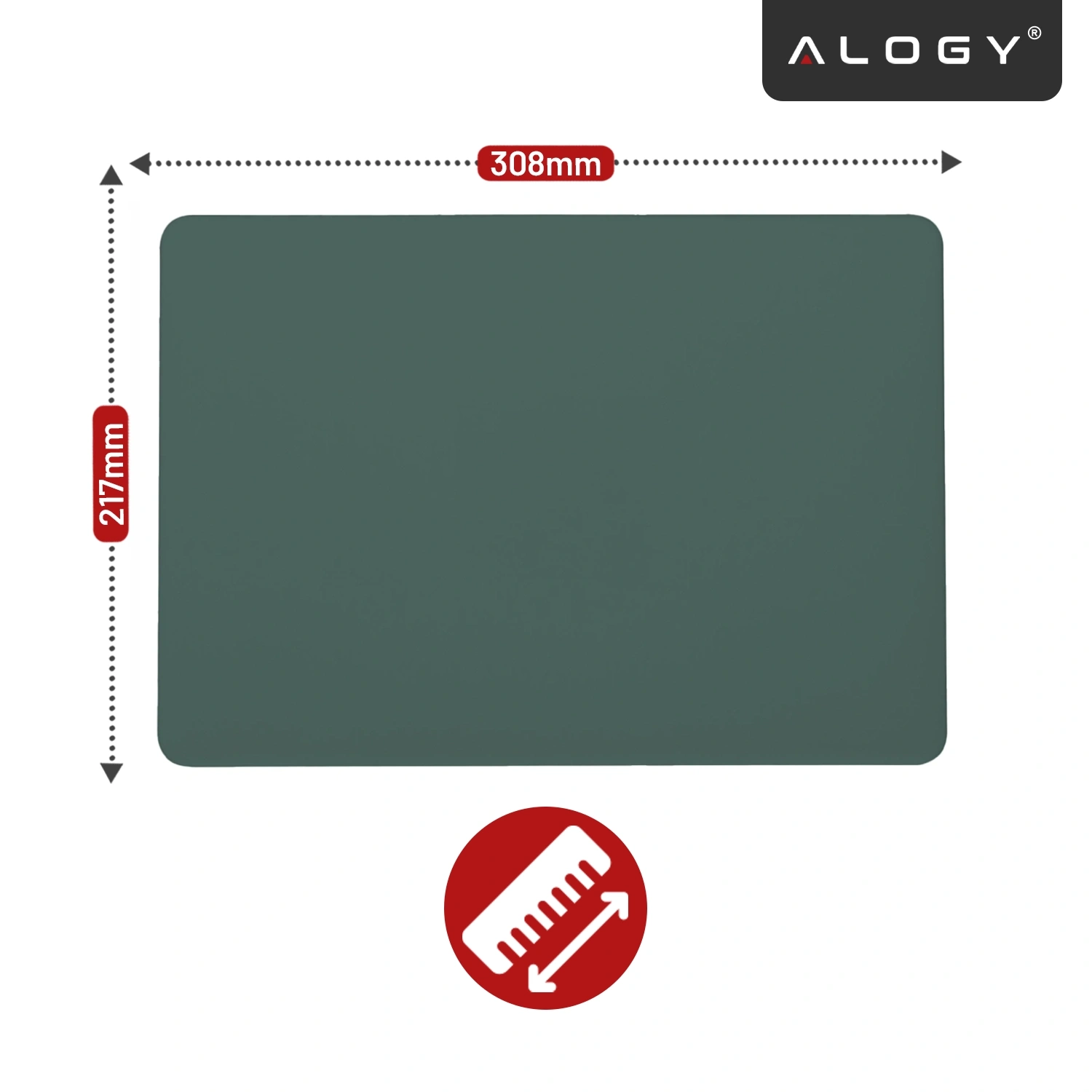 Zielone, matowe etui o wymiarach 308mm na 217mm. W prawym górnym rogu widoczne jest logo \'ALOGY\'.