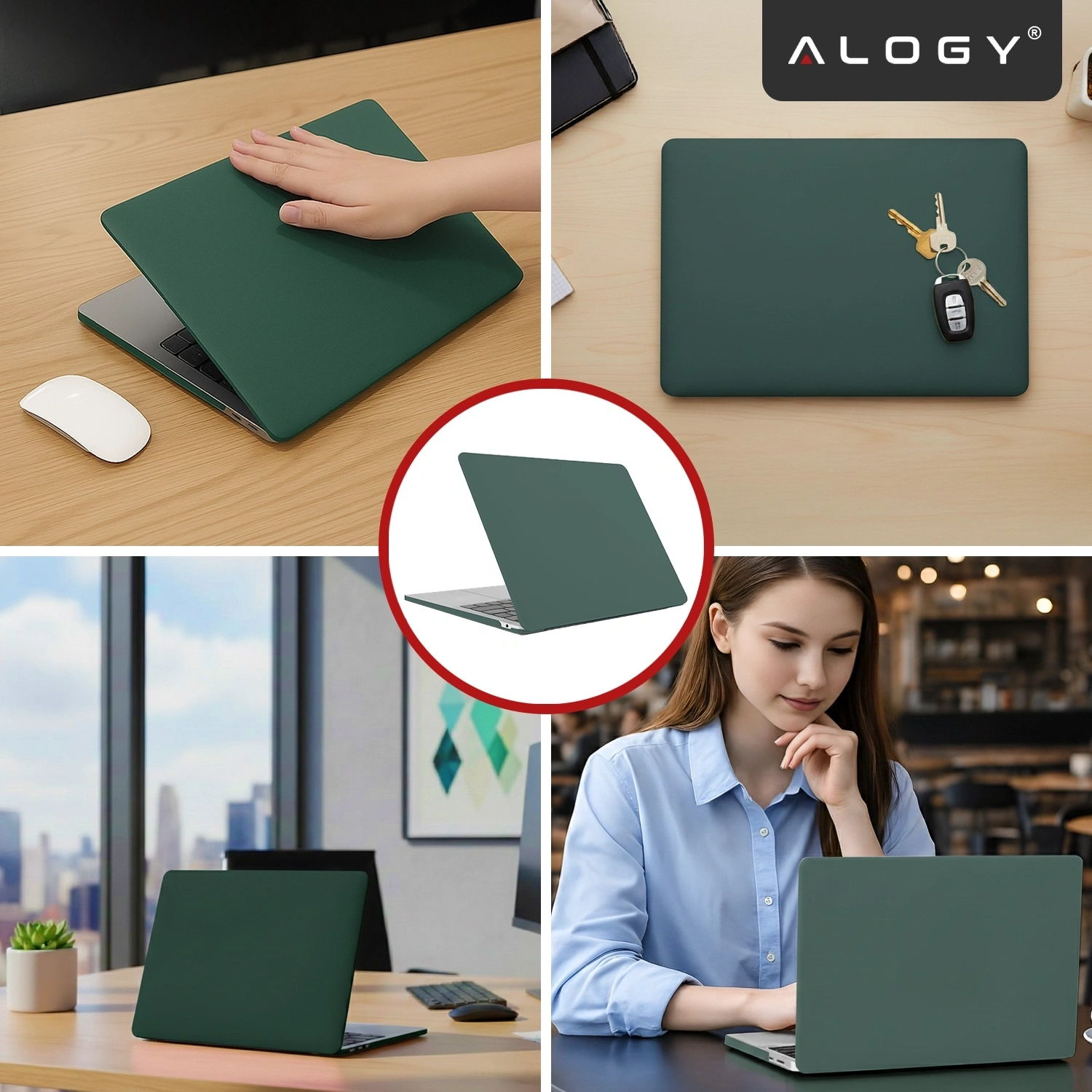 Obraz przedstawia zielone, matowe etui na laptopa, które jest używane w różnych sytuacjach, takich jak praca przy biurku. W górnym rogu widoczne jest logo \'ALOGY\'.