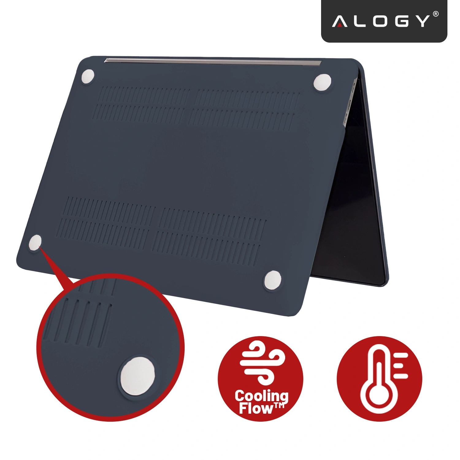 Granatowe etui na laptopa z logo \'ALOGY\', posiada otwory wentylacyjne i okrągłe podkładki. Obok widoczne są ikony z napisami \'Cooling Flow™\'.