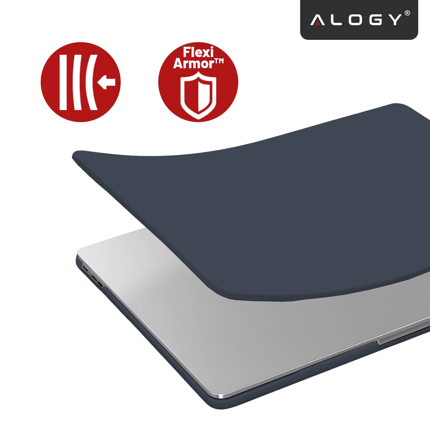 Obraz przedstawia granatowe etui na laptopa, unoszące się nad urządzeniem. Widoczne są dwa czerwone symbole: elastyczności i tarczy z napisem \'Flexi Armor™\', a w rogu logo \'ALOGY\'.