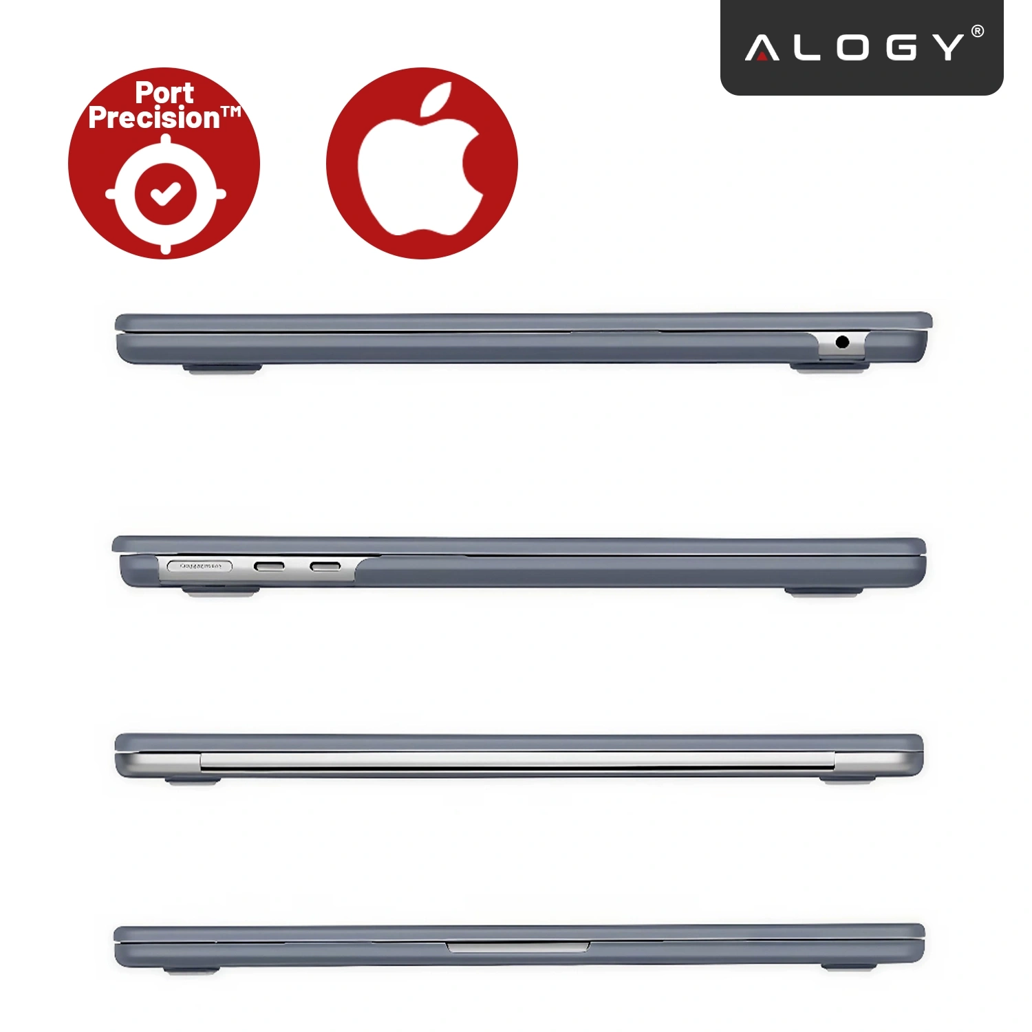 Obraz przedstawia cztery profile etui na laptopa w kolorze granatowym, z widocznymi portami i złączami. W górnym rogu znajduje się logo \'ALOGY\', a obok dwa czerwone symbole: \'Port Precision™\' i logo Apple.