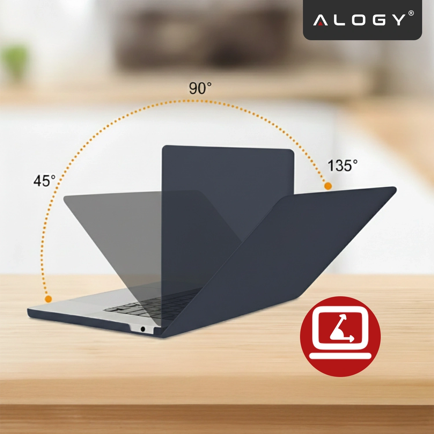 Na obrazie widoczny jest laptop z granatowym etui, które można otworzyć pod różnymi kątami: 45°, 90° i 135°. W prawym górnym rogu znajduje się logo \'ALOGY\'.