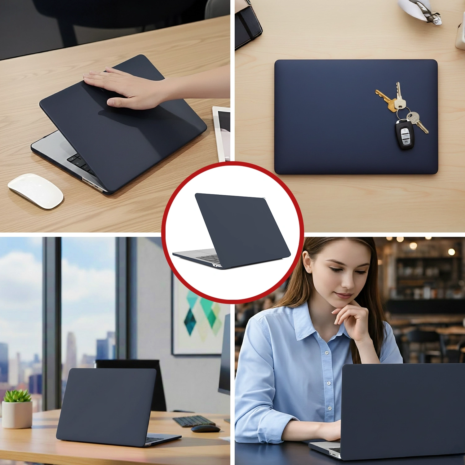 Obraz przedstawia granatowe etui na laptopa, które jest elastyczne i matowe. Etui jest pokazane w różnych sytuacjach użytkowania, w tym na biurku z kluczami i w rękach osoby pracującej przy laptopie.
