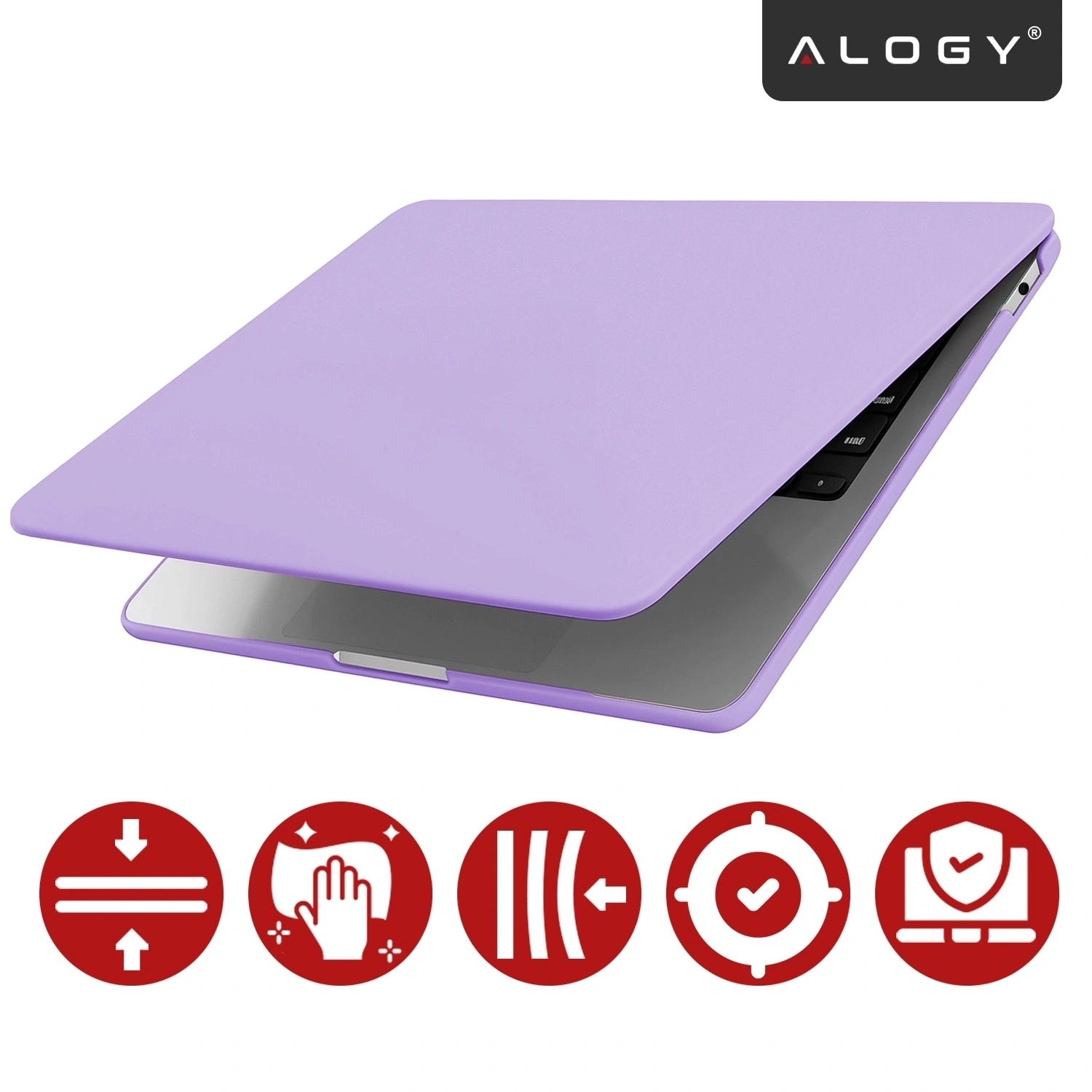 Fioletowe etui na laptopa z logo \'ALOGY\' w prawym górnym rogu. Pod etui znajdują się cztery czerwone ikony symbolizujące różne cechy produktu.