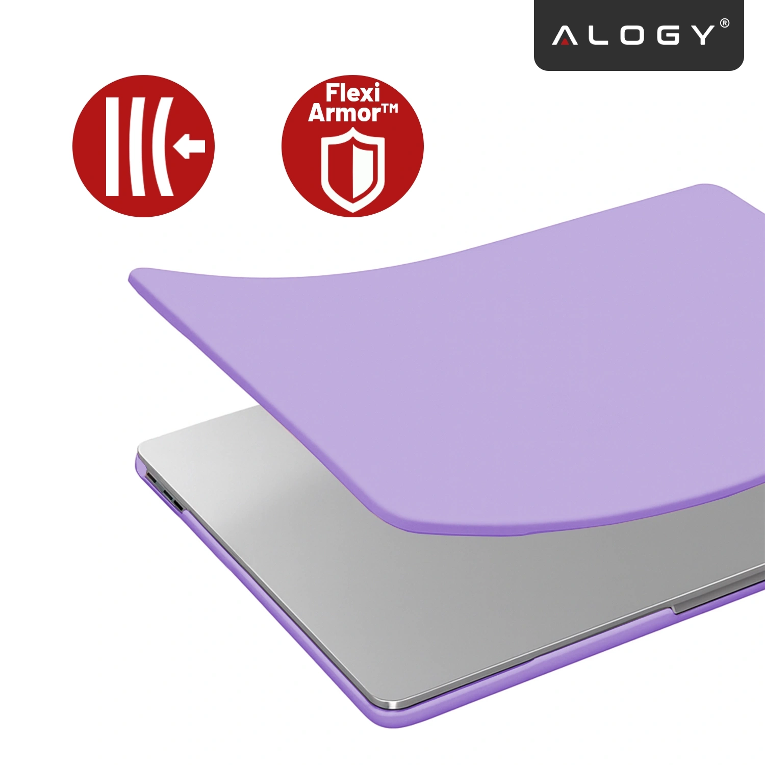Obraz przedstawia fioletowe etui na laptopa, częściowo nałożone na srebrne urządzenie. W lewym górnym rogu znajdują się dwa czerwone symbole z napisami: jeden z falami i strzałką, drugi z tarczą i napisem \'Flexi Armor™\'.