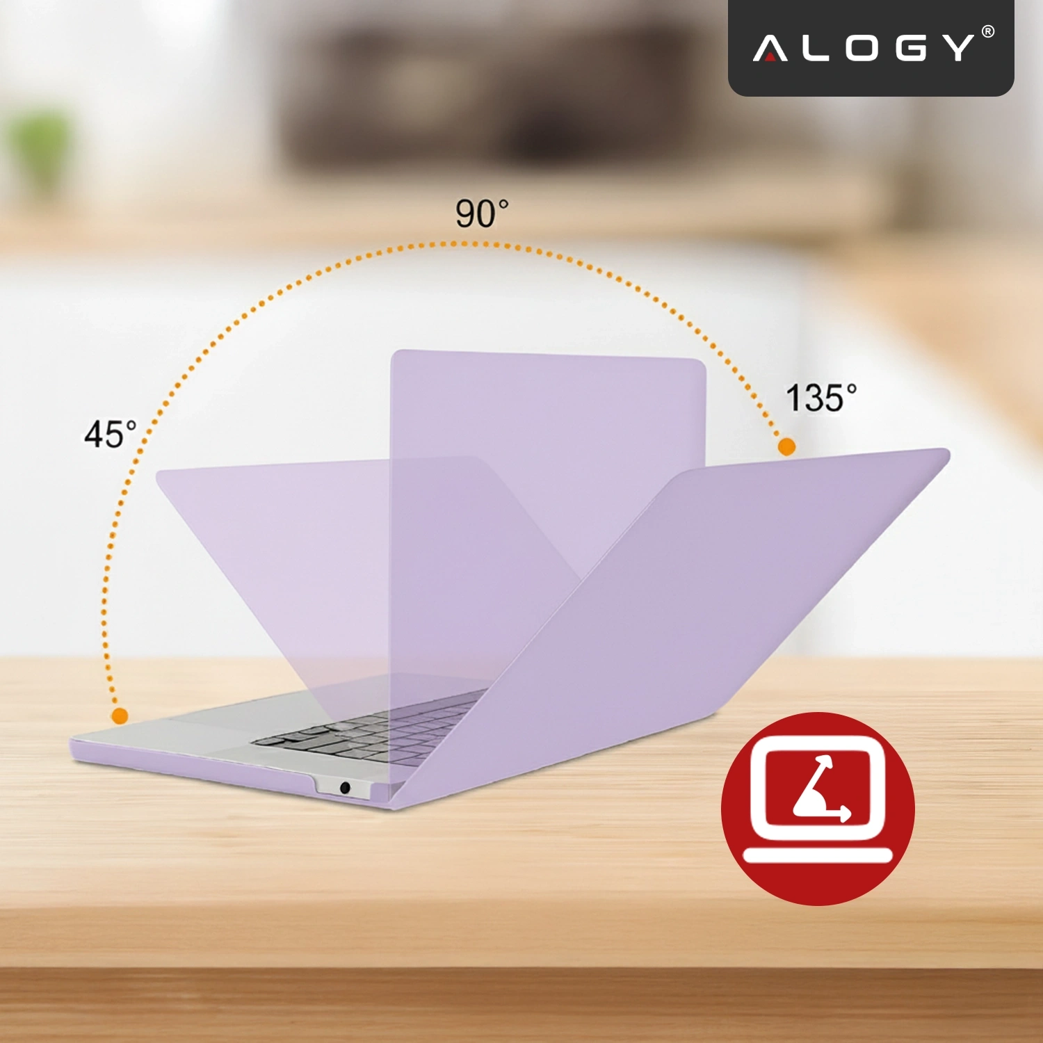 Na obrazie widoczne jest fioletowe etui na laptopa, które jest otwarte pod różnymi kątami: 45°, 90° i 135°. W prawym górnym rogu znajduje się logo \'ALOGY\'.