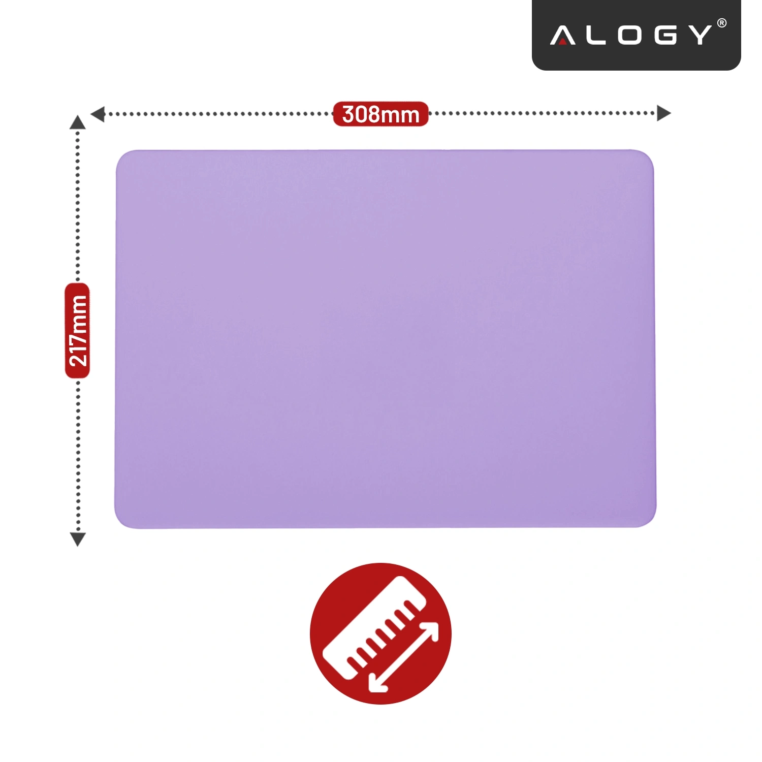 Fioletowe etui o wymiarach 308mm na 217mm z logo \'ALOGY\' w rogu. Na dole znajduje się ikona czerwonego koloru z symbolem linijki.