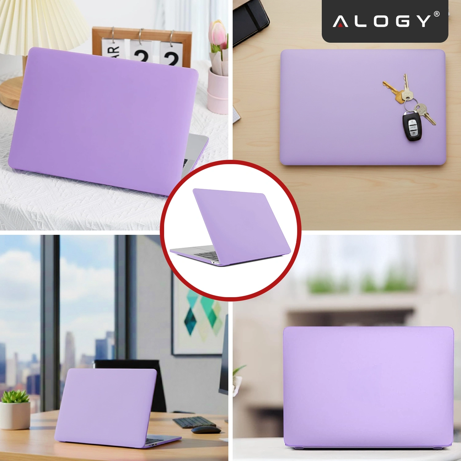 Obraz przedstawia fioletowe etui na laptopa, widoczne w różnych ujęciach na biurkach i stołach. W prawym górnym rogu znajduje się logo \'ALOGY\'.