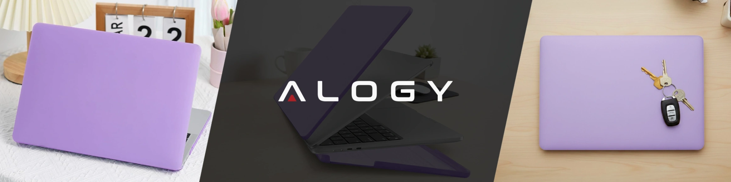 Obraz przedstawia trzy ujęcia fioletowego etui na laptopa. Na środku widoczne jest logo \'ALOGY\'.