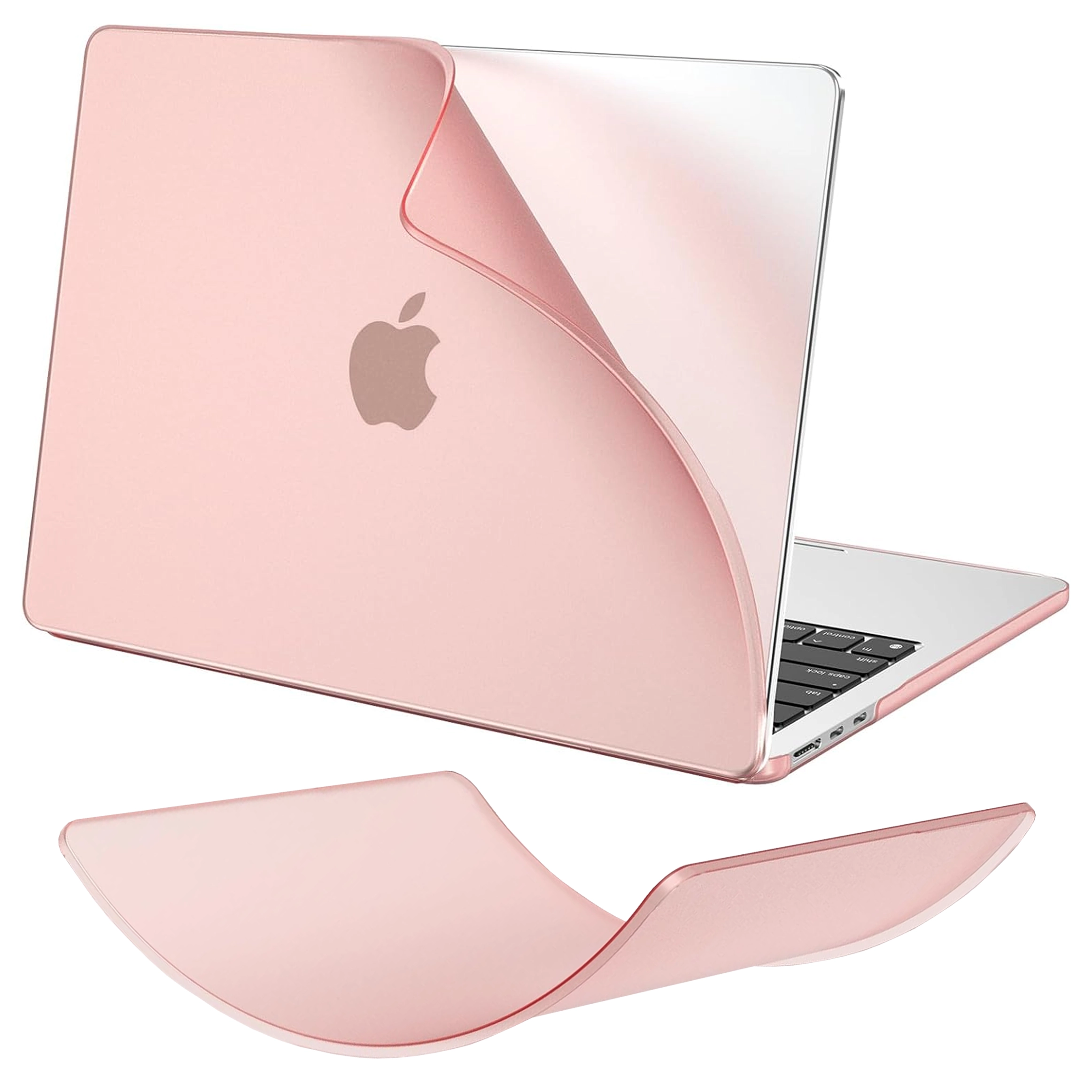 Obraz przedstawia różowe, przezroczyste etui na laptopa z widocznym logo w kształcie jabłka. Etui jest elastyczne i matowe, pokazane na laptopie oraz osobno jako samodzielny element.