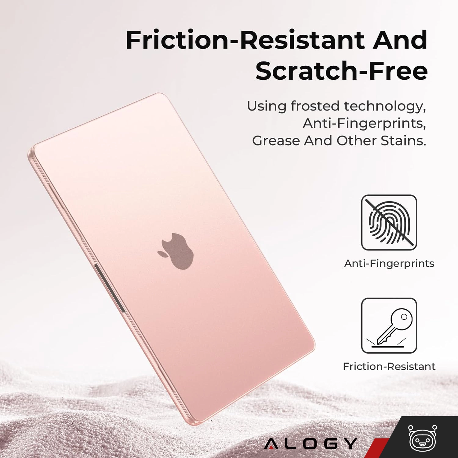 Obraz przedstawia różowe, matowe etui na laptopa z logo w kształcie jabłka. Tekst na obrazie: \'Friction-Resistant And Scratch-Free\', \'Using frosted technology, Anti-Fingerprints, Grease And Other Stains\', \'Anti-Fingerprints\', \'Friction-Resistant\'.
