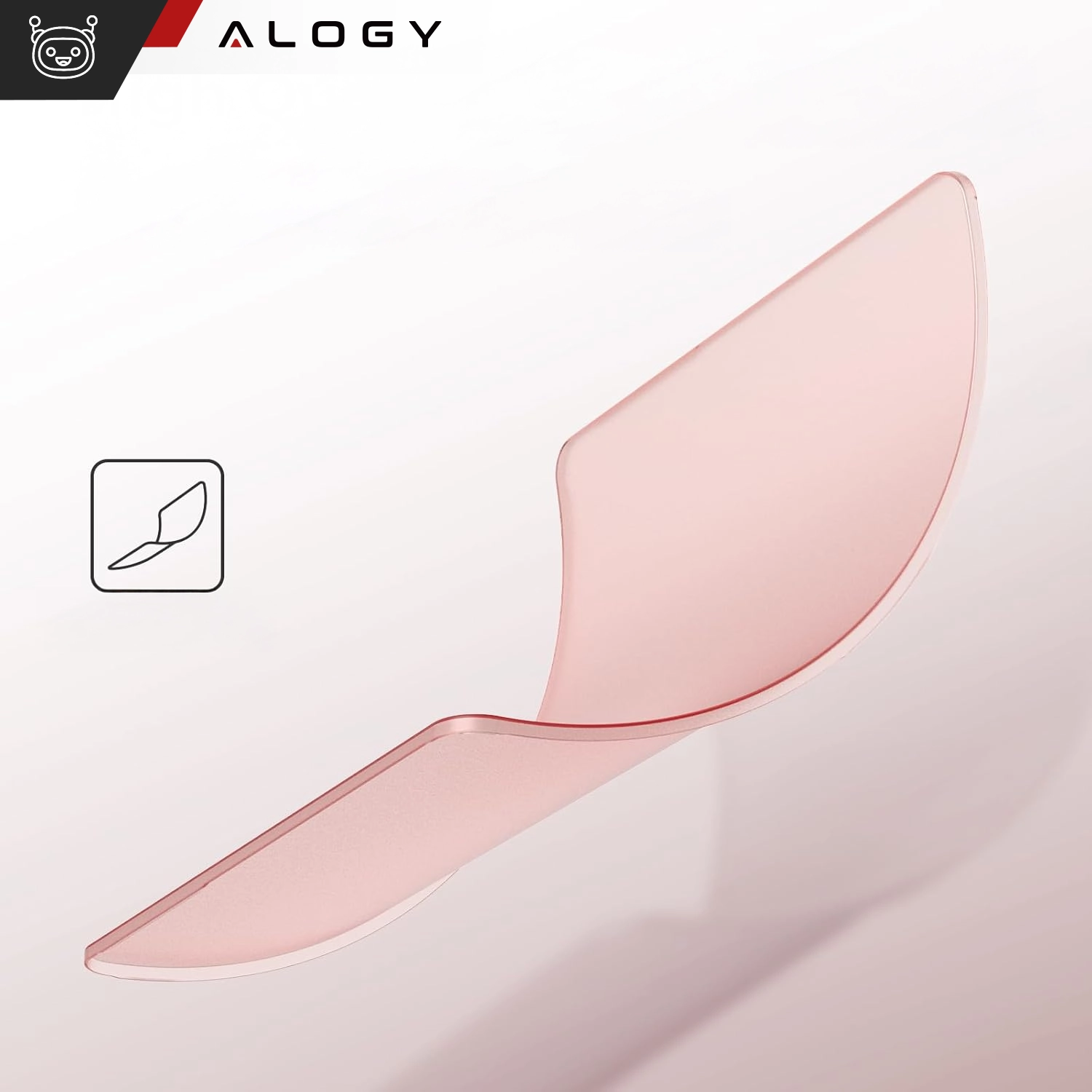 Obraz przedstawia różowe, przezroczyste etui o matowej powierzchni, z logo \'ALOGY\' w lewym górnym rogu. Obok znajduje się ikona przedstawiająca zarys etui.