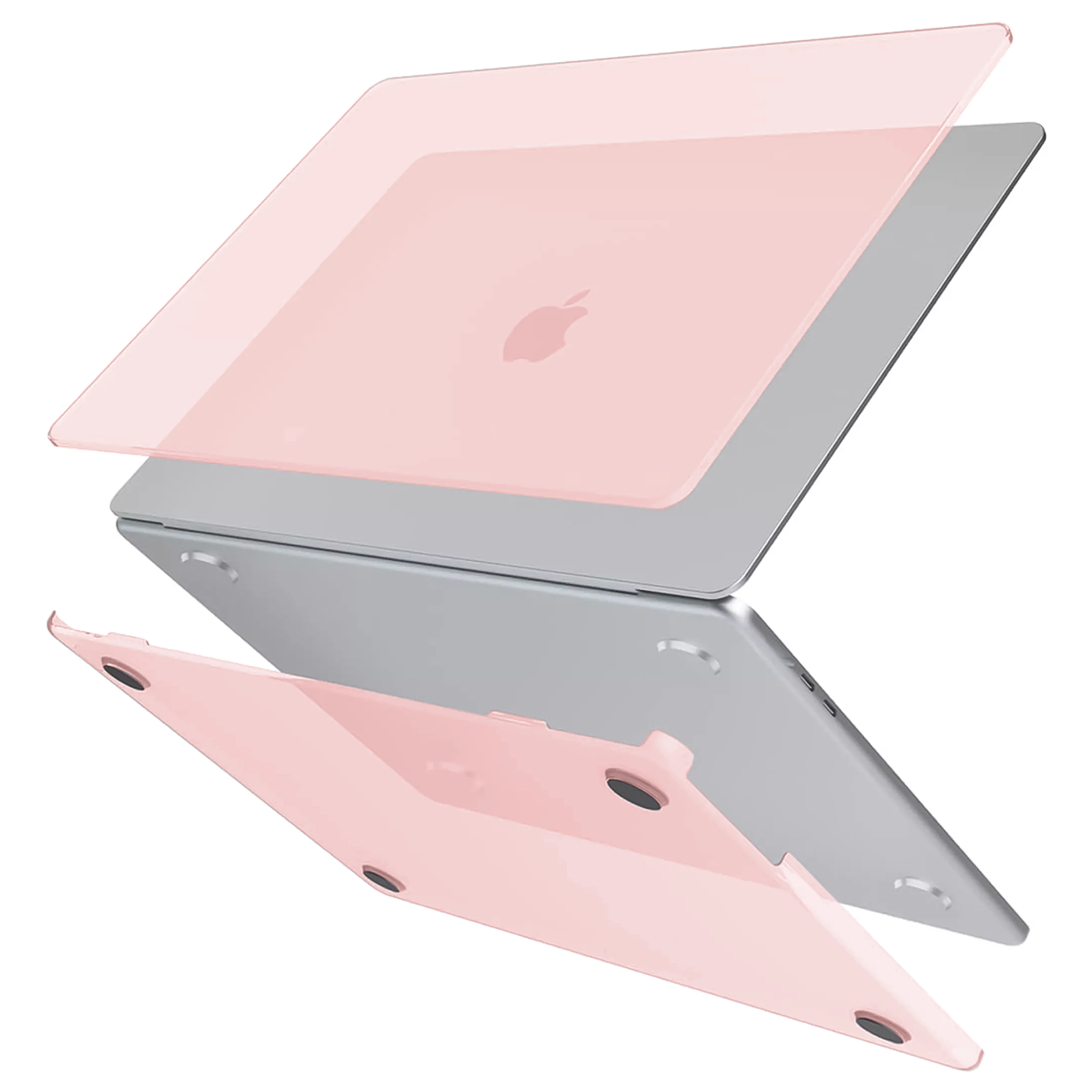 Obraz przedstawia przezroczyste różowe etui na laptopa, składające się z dwóch części: górnej i dolnej. Na środku górnej części widoczne jest logo w kształcie jabłka.