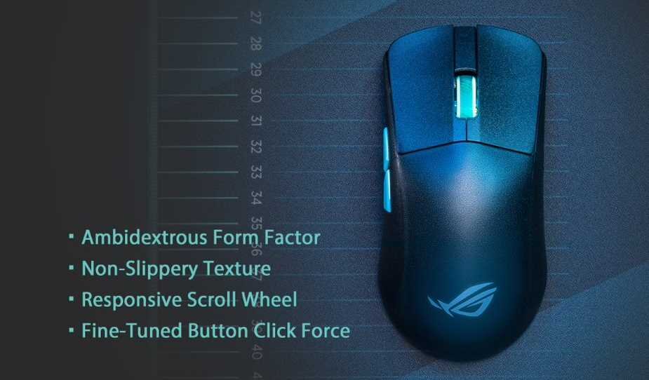 Na obrazie widoczna jest czarna mysz komputerowa z podświetlanym elementem oraz logo ROG. Obok myszy znajduje się tekst: \'Ambidextrous Form Factor, Non-Slippery Texture, Responsive Scroll Wheel, Fine-Tuned Button Click Force\'.