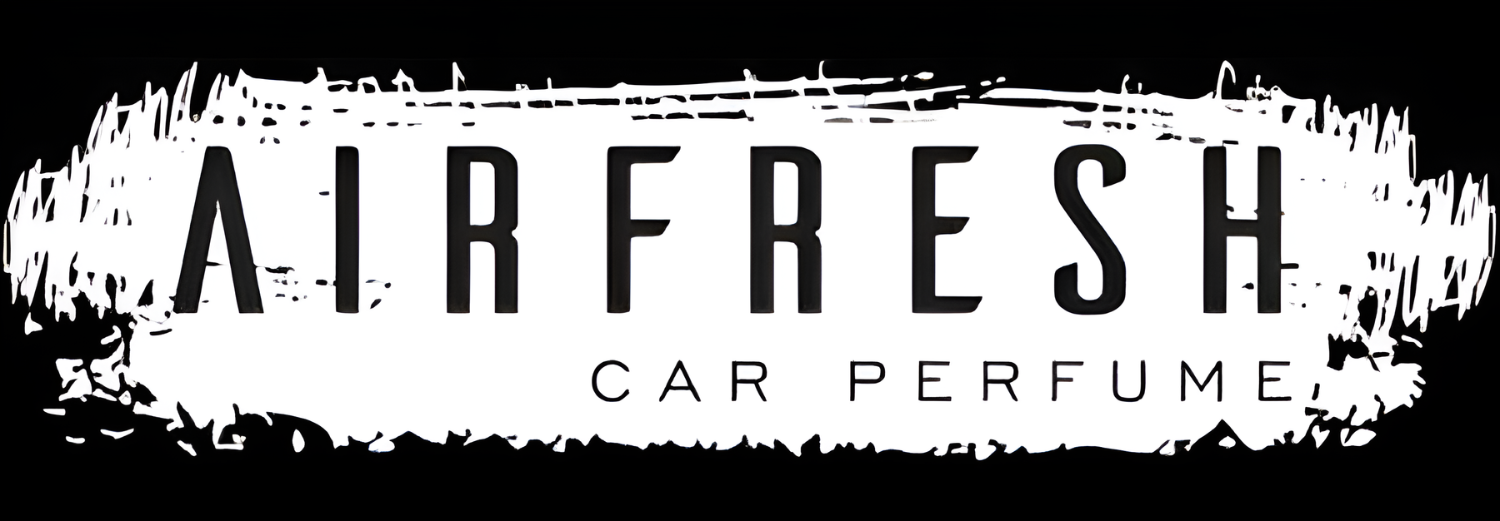 Logo z napisem \'AIRFRESH CAR PERFUME\' na tle przypominającym pociągnięcia pędzlem.