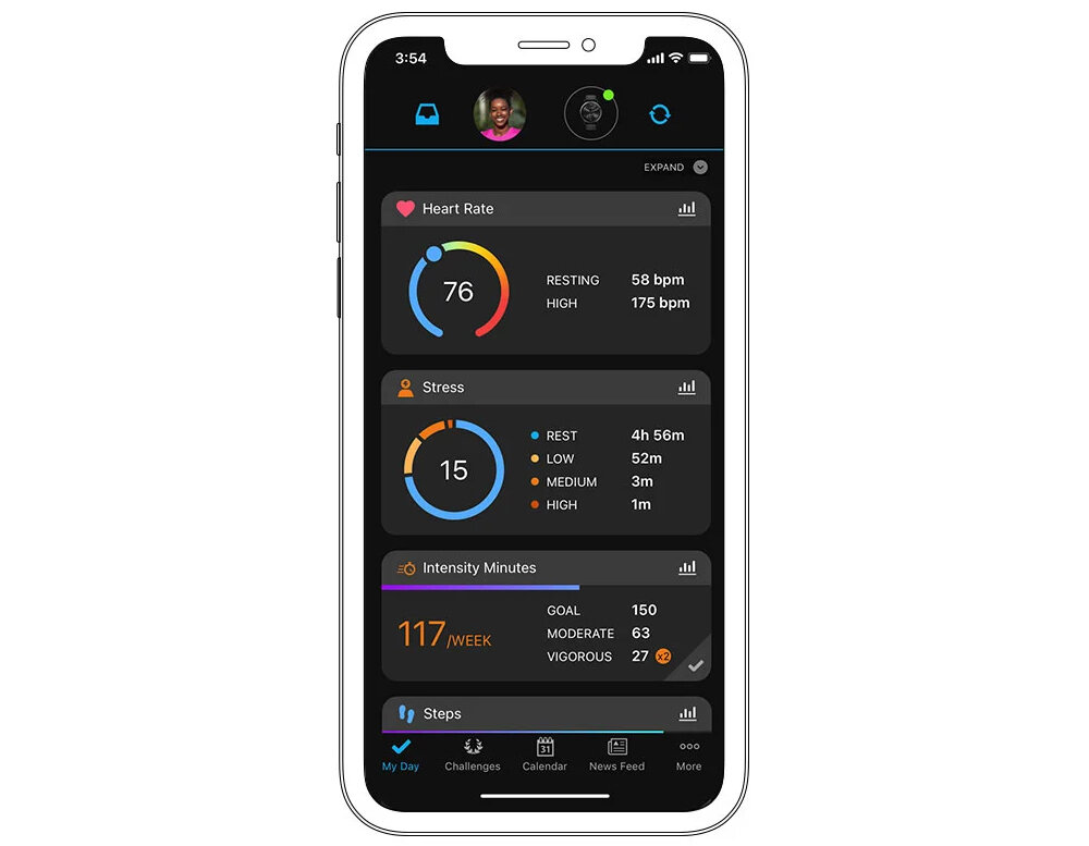 Ekran smartfona wyświetla aplikację monitorującą zdrowie z trzema sekcjami: Heart Rate, Stress i Intensity Minutes. Widoczne są dane takie jak tętno, poziom stresu oraz minuty intensywności, z kolorowymi wykresami i wartościami liczbowymi.