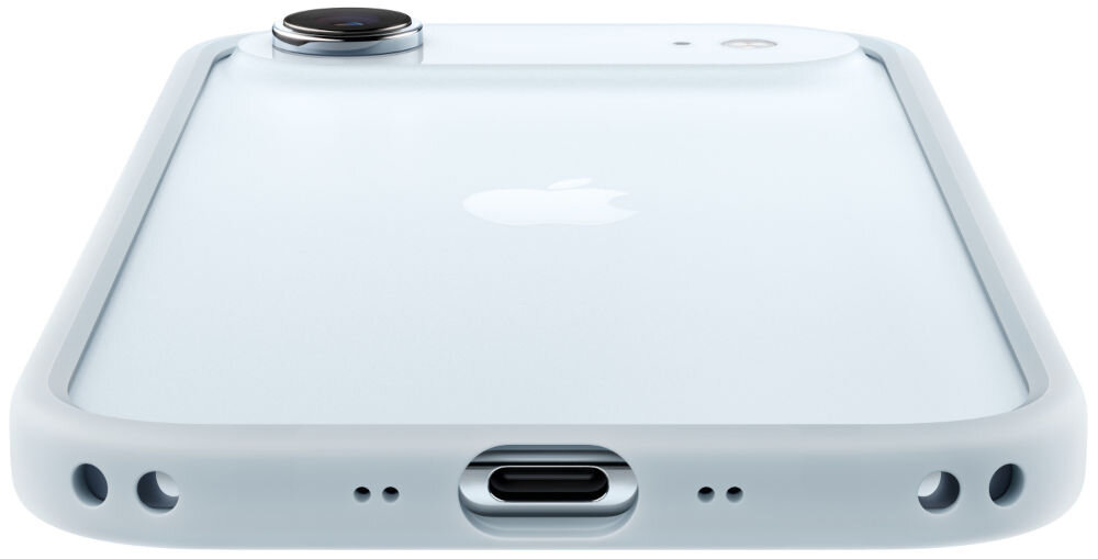 Obraz przedstawia tył telefonu z białym etui, z widocznym logo Apple. Widać aparat fotograficzny oraz port ładowania na dolnej krawędzi.
