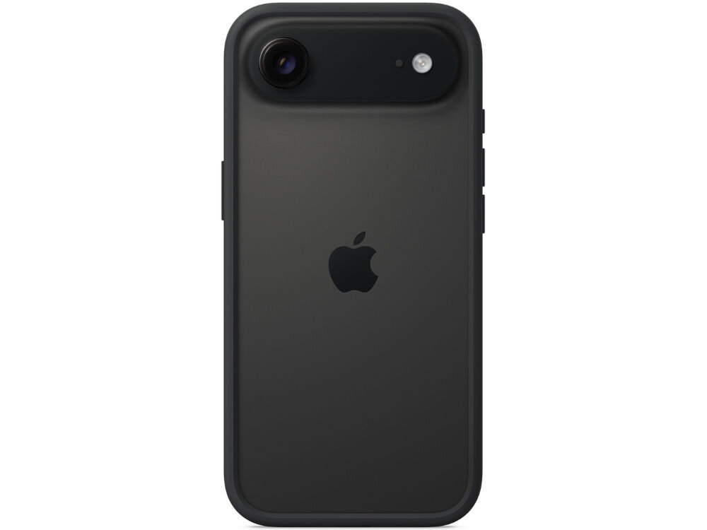 Czarne etui na telefon z widocznym logo Apple na środku. W górnej części znajduje się wycięcie na aparat i lampę błyskową.