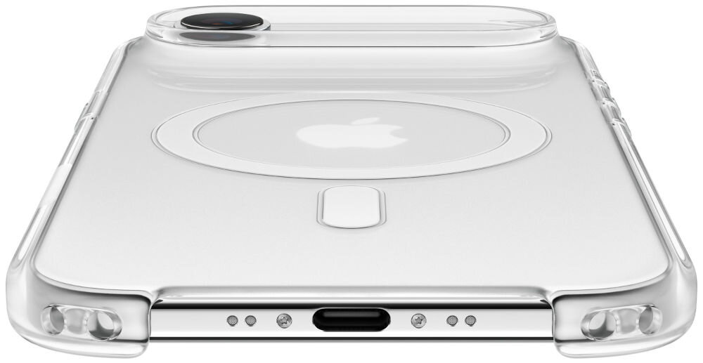 Przezroczyste etui na telefon z widocznym logo Apple na środku. Etui posiada wycięcia na aparat i porty.