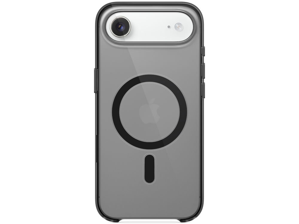 Etui na telefon w kolorze mroźnej szarości z widocznym logo Apple i okrągłym wzorem na tylnej części. W górnej części znajduje się wycięcie na aparat i lampę błyskową.