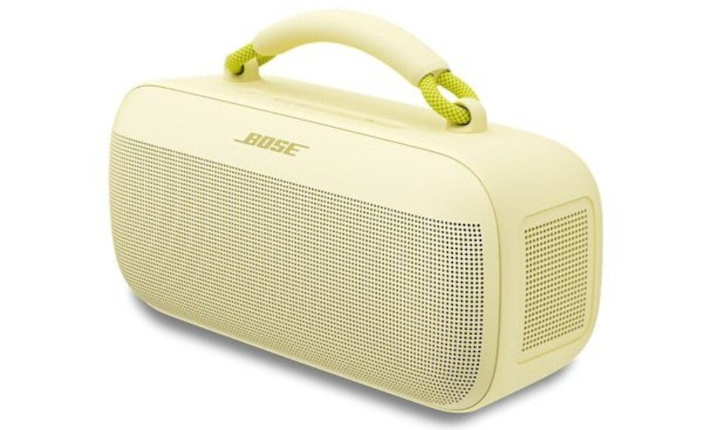 Żółty głośnik mobilny z logo \'BOSE\' na przedniej części, posiada uchwyt na górze.